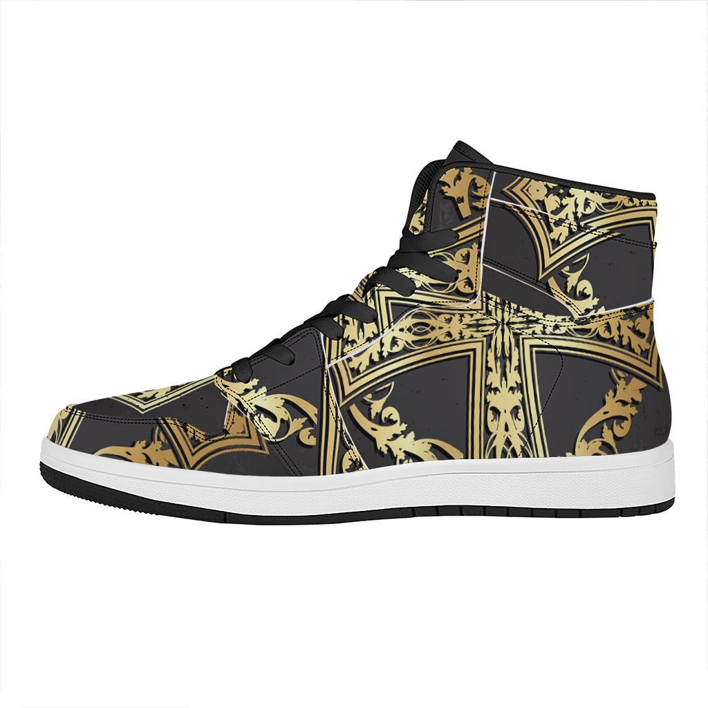 Ornamental Golden Cross Print High Top Leather Sneakers