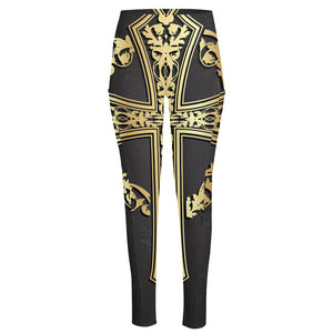 Ornamental Golden Cross Print High-Waisted Pocket Leggings