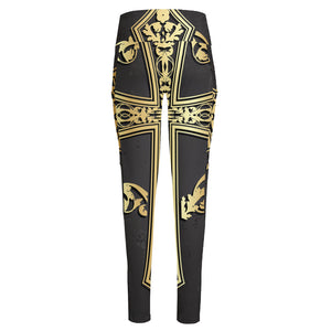 Ornamental Golden Cross Print High-Waisted Pocket Leggings