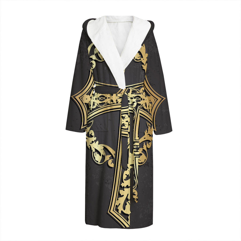 Ornamental Golden Cross Print Hooded Bathrobe