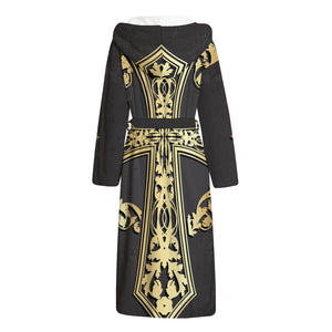 Ornamental Golden Cross Print Hooded Bathrobe