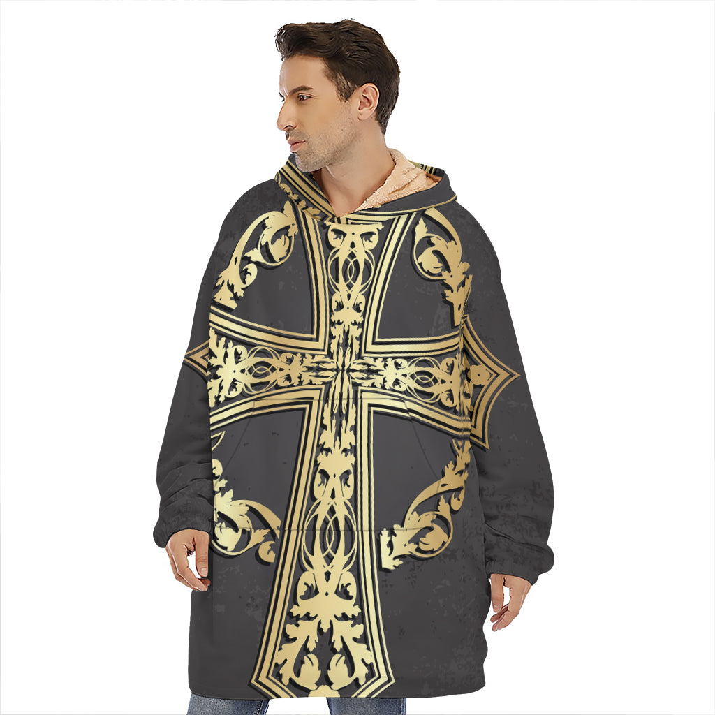 Ornamental Golden Cross Print Hoodie Blanket