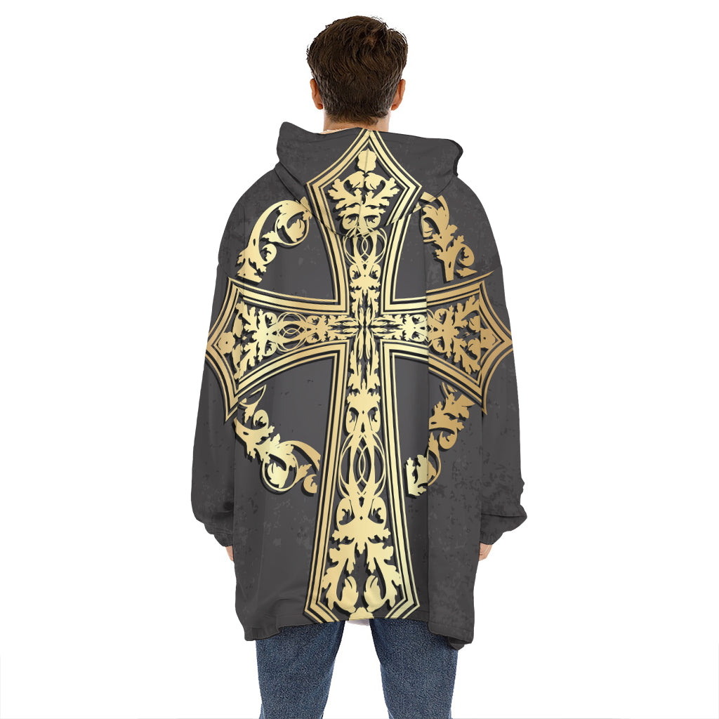 Ornamental Golden Cross Print Hoodie Blanket