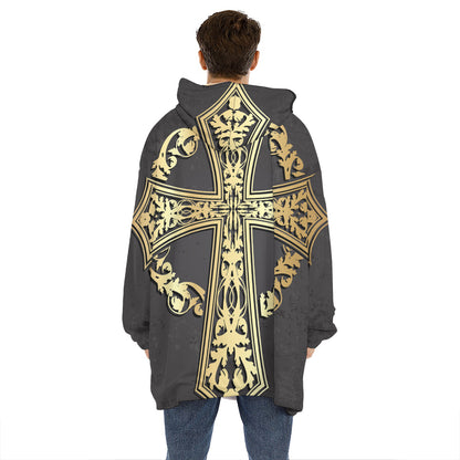 Ornamental Golden Cross Print Hoodie Blanket