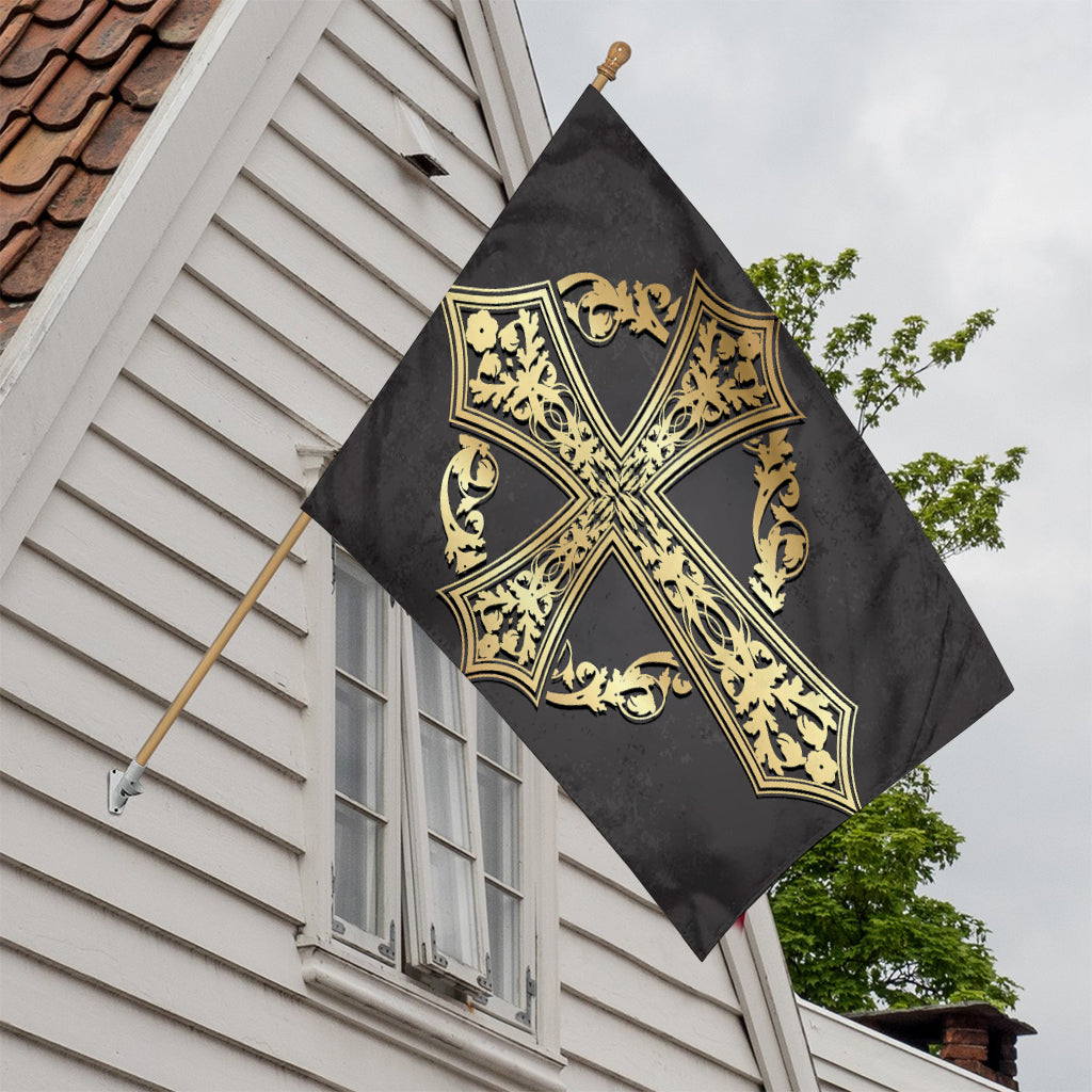 Ornamental Golden Cross Print House Flag