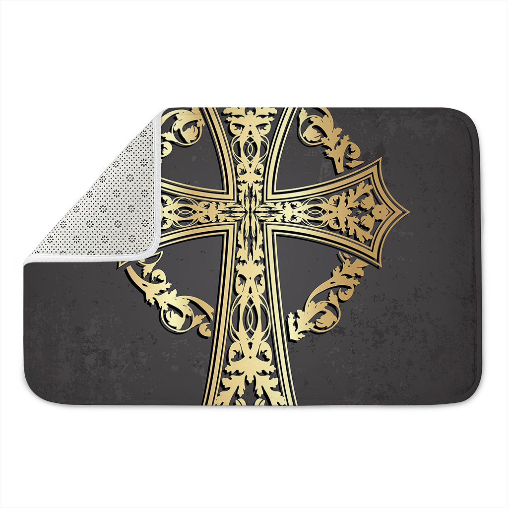 Ornamental Golden Cross Print Indoor Door Mat
