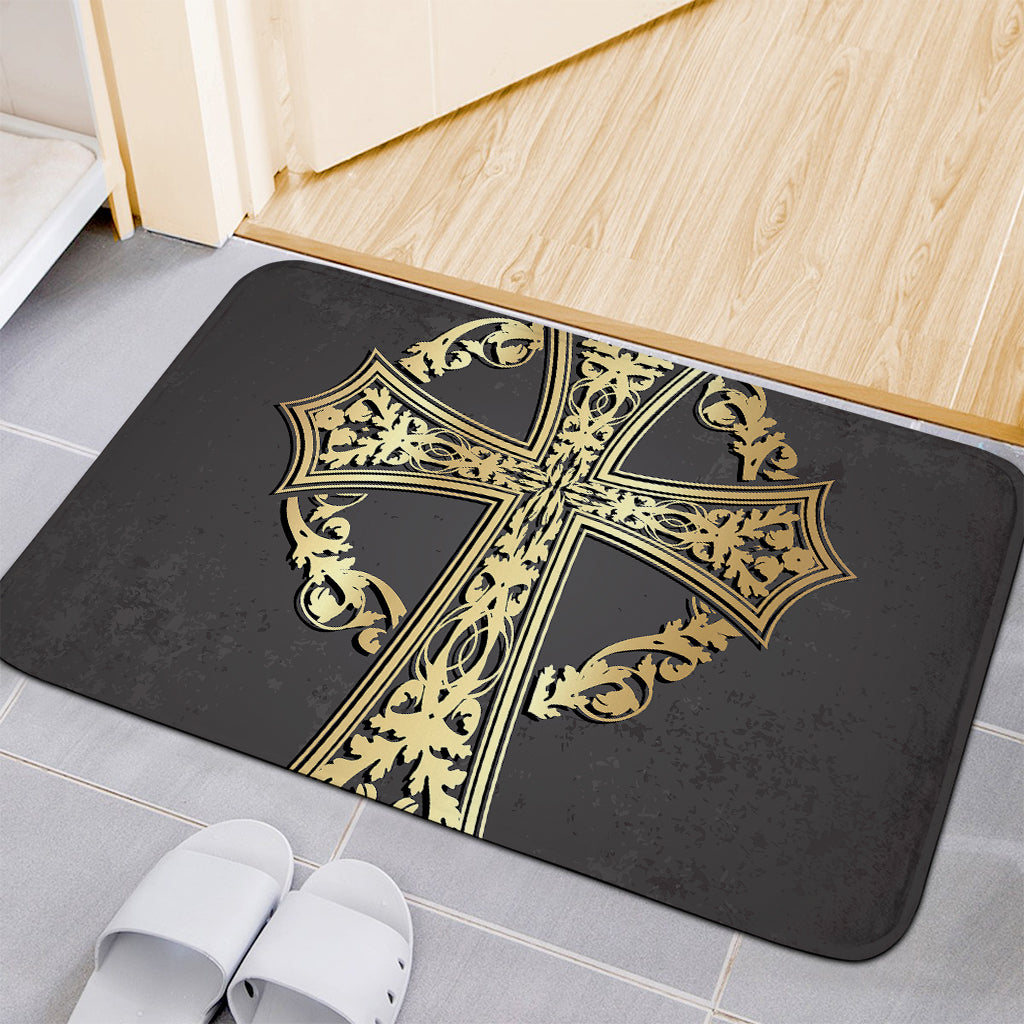 Ornamental Golden Cross Print Indoor Door Mat