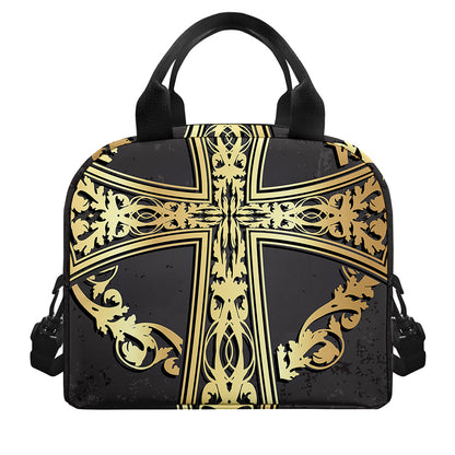 Ornamental Golden Cross Print Insulated Lunch Bag