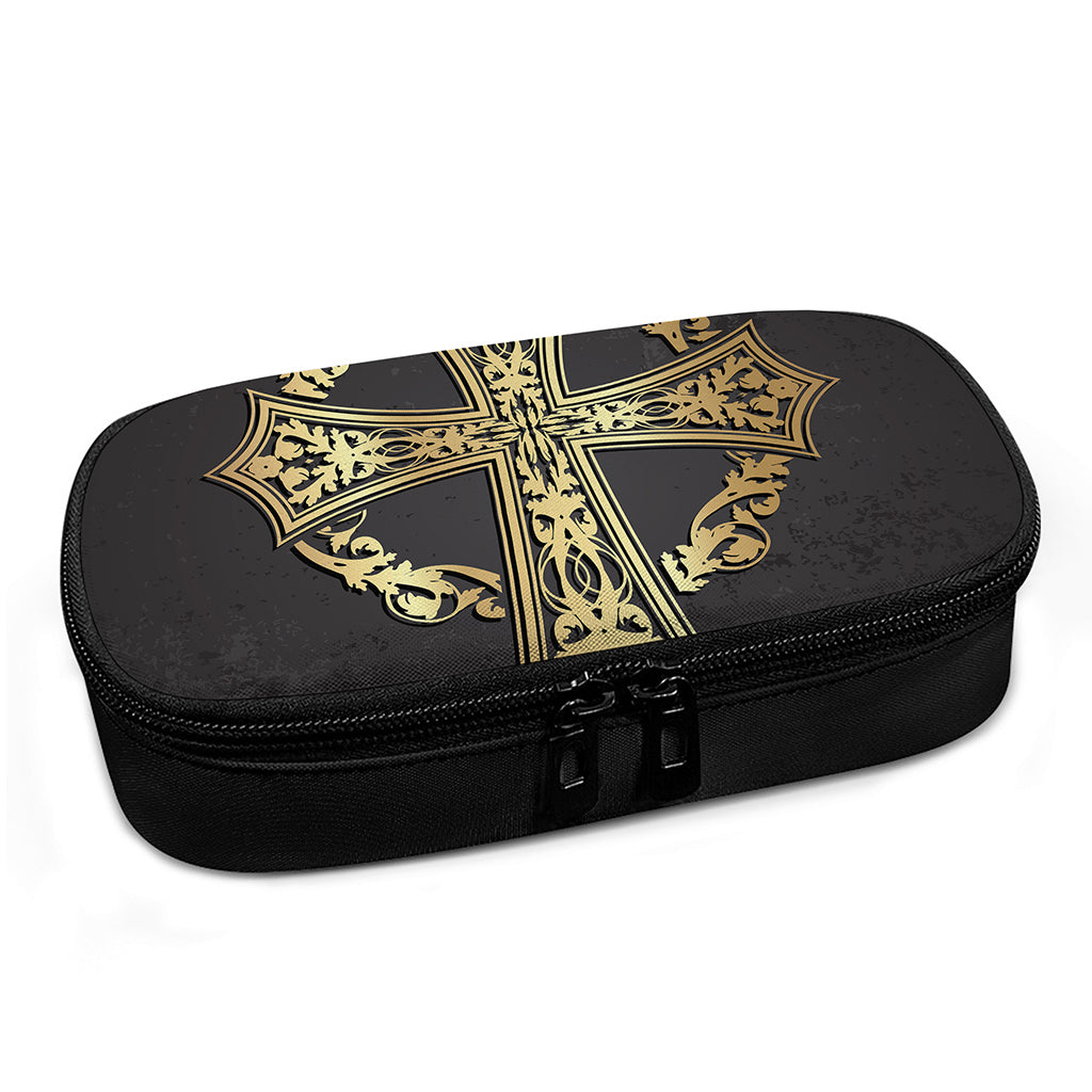 Ornamental Golden Cross Print Insulin Cooler Travel Case