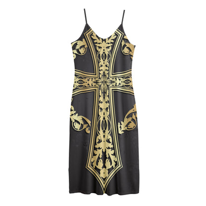 Ornamental Golden Cross Print Jersey Midi Cami Dress