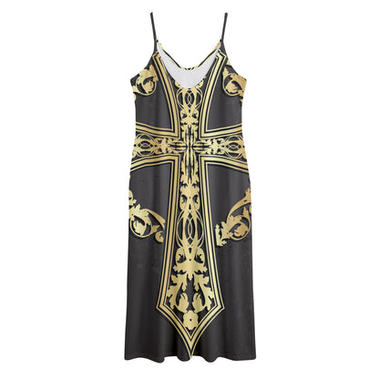 Ornamental Golden Cross Print Jersey Midi Cami Dress