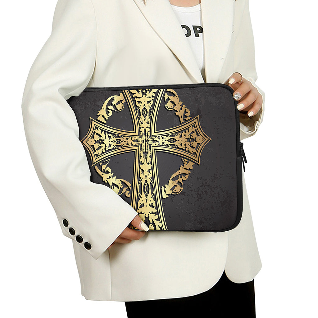 Ornamental Golden Cross Print Laptop Sleeve