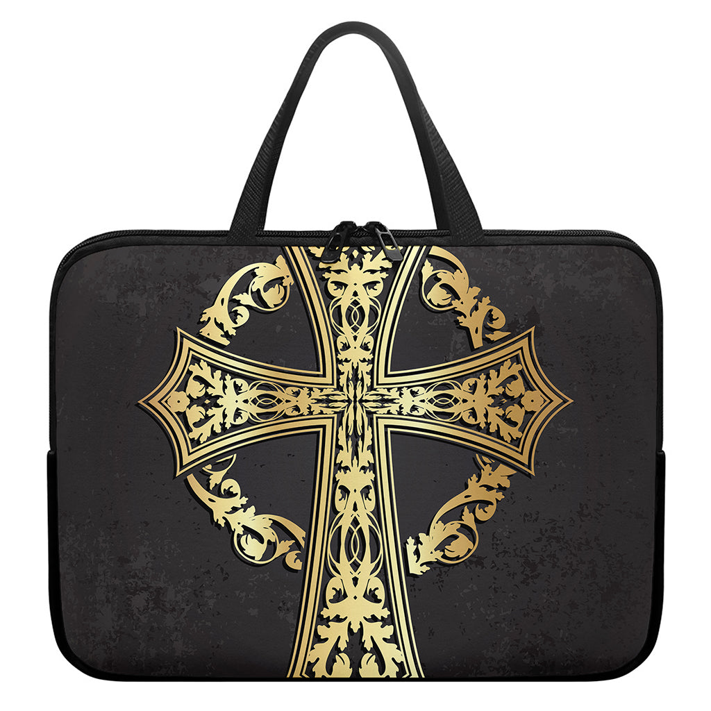 Ornamental Golden Cross Print Laptop Sleeve With Handle