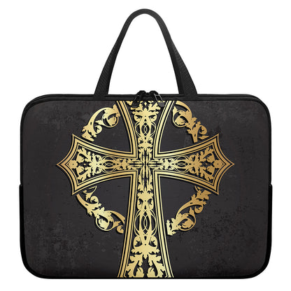 Ornamental Golden Cross Print Laptop Sleeve With Handle