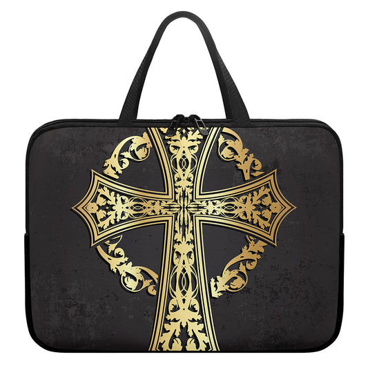 Ornamental Golden Cross Print Laptop Sleeve With Handle