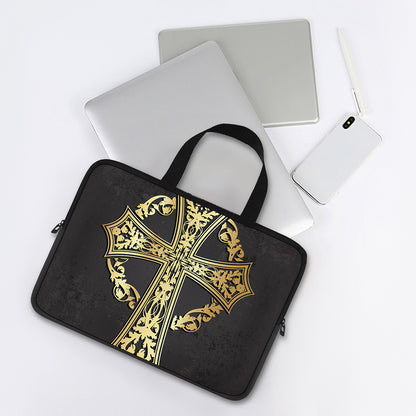 Ornamental Golden Cross Print Laptop Sleeve With Handle