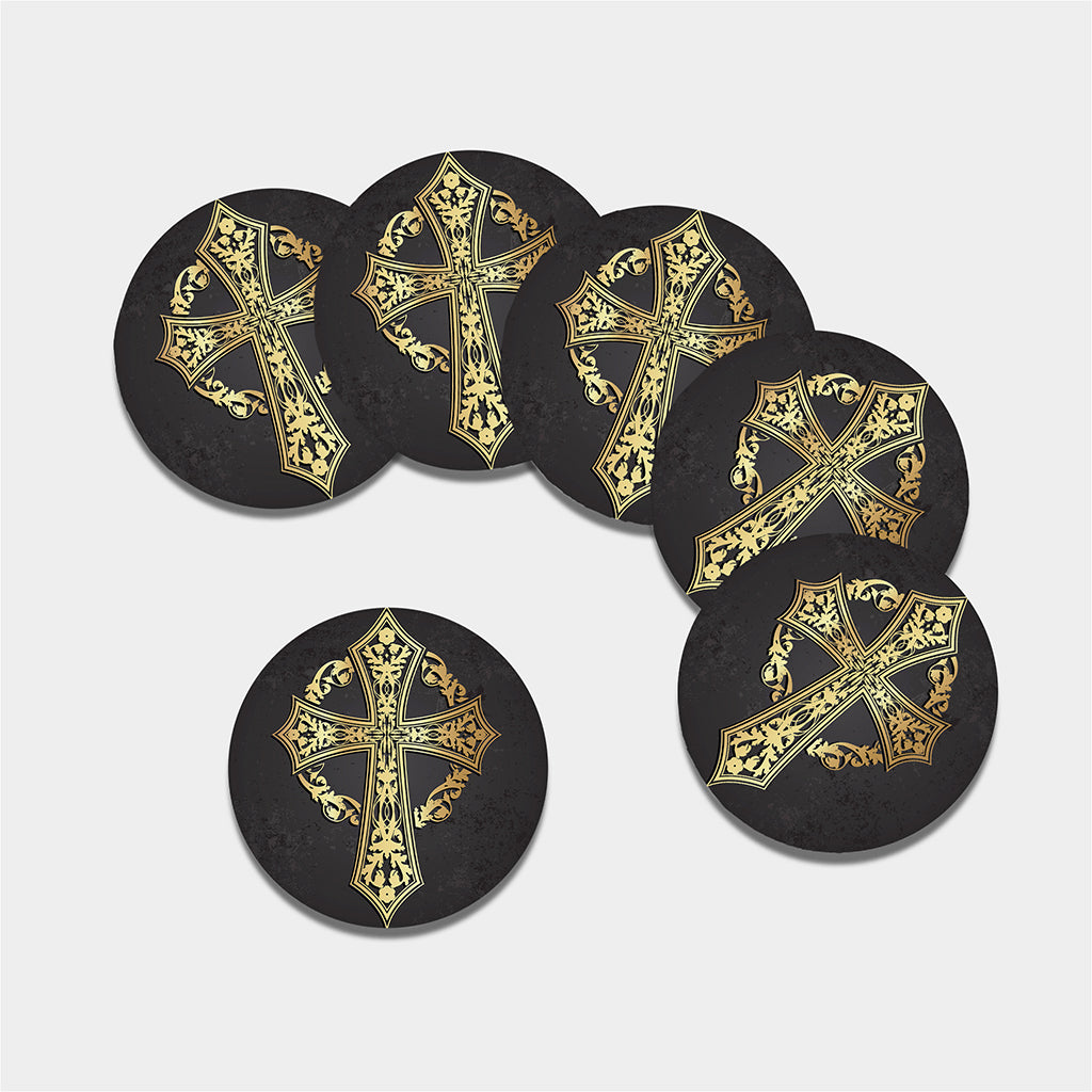 Ornamental Golden Cross Print Leather Coaster Set