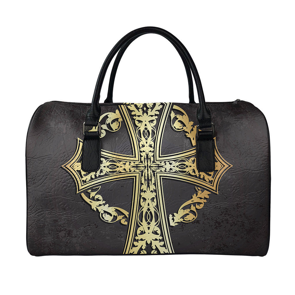 Ornamental Golden Cross Print Leather Duffle Bag