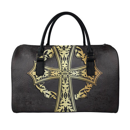 Ornamental Golden Cross Print Leather Duffle Bag
