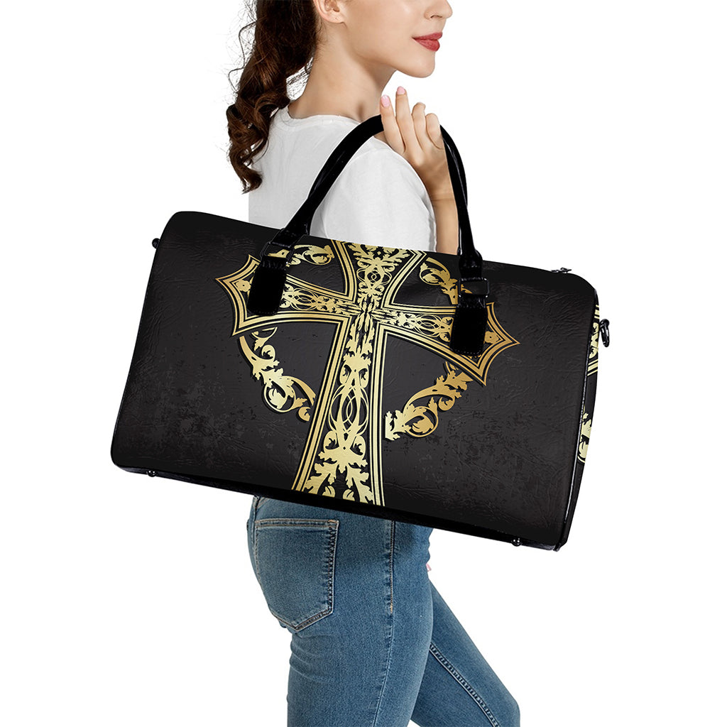 Ornamental Golden Cross Print Leather Duffle Bag