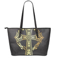 Ornamental Golden Cross Print Leather Tote Bag With Zipper
