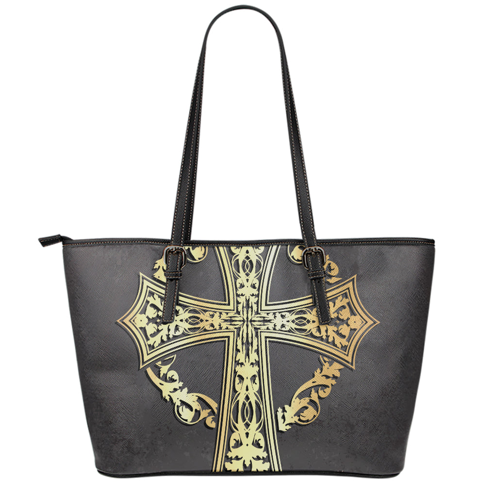 Ornamental Golden Cross Print Leather Tote Bag