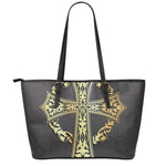 Ornamental Golden Cross Print Leather Tote Bag