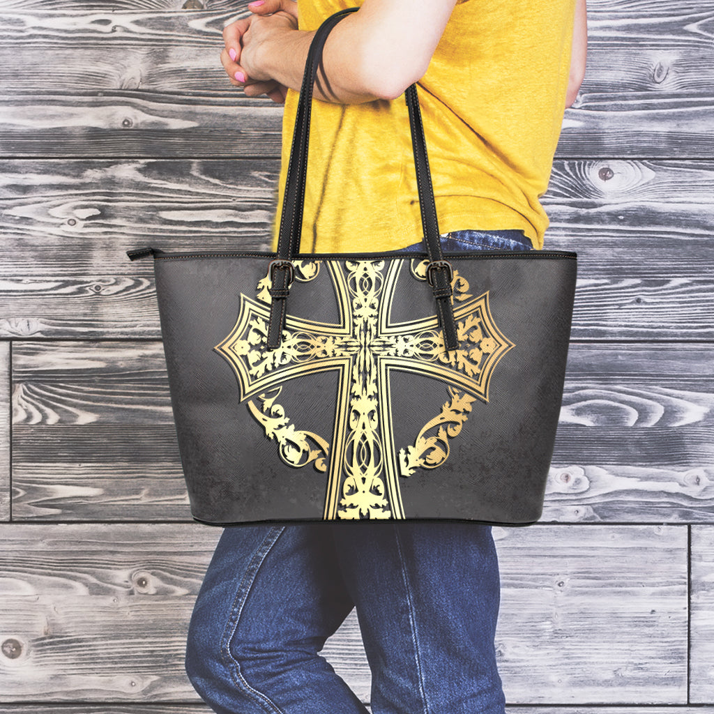 Ornamental Golden Cross Print Leather Tote Bag