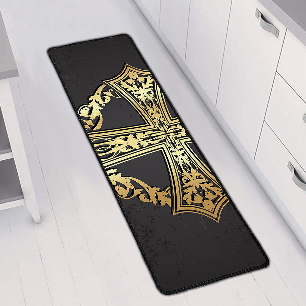 Ornamental Golden Cross Print Long Kitchen Mat