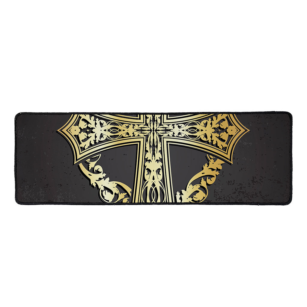 Ornamental Golden Cross Print Long Kitchen Mat