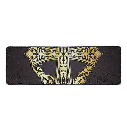 Ornamental Golden Cross Print Long Kitchen Mat
