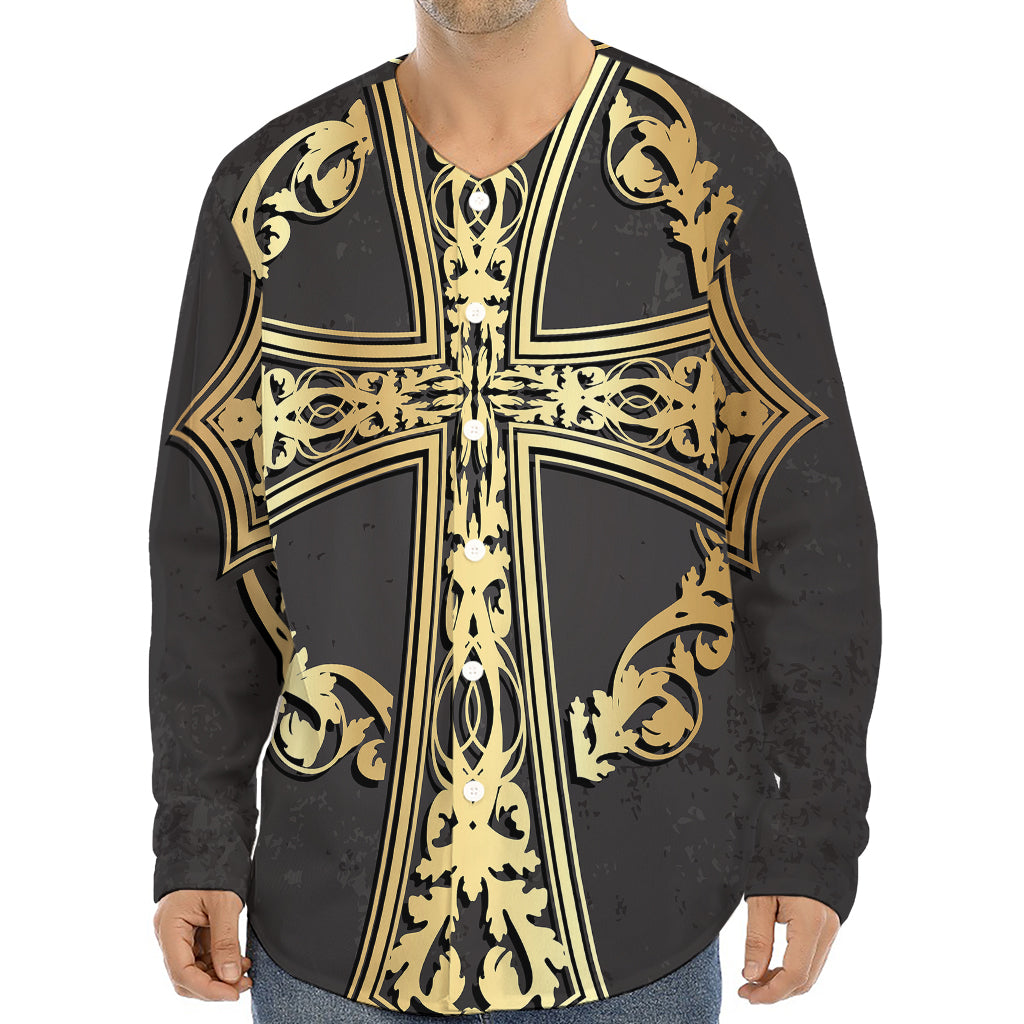 Ornamental Golden Cross Print Long Sleeve Baseball Jersey