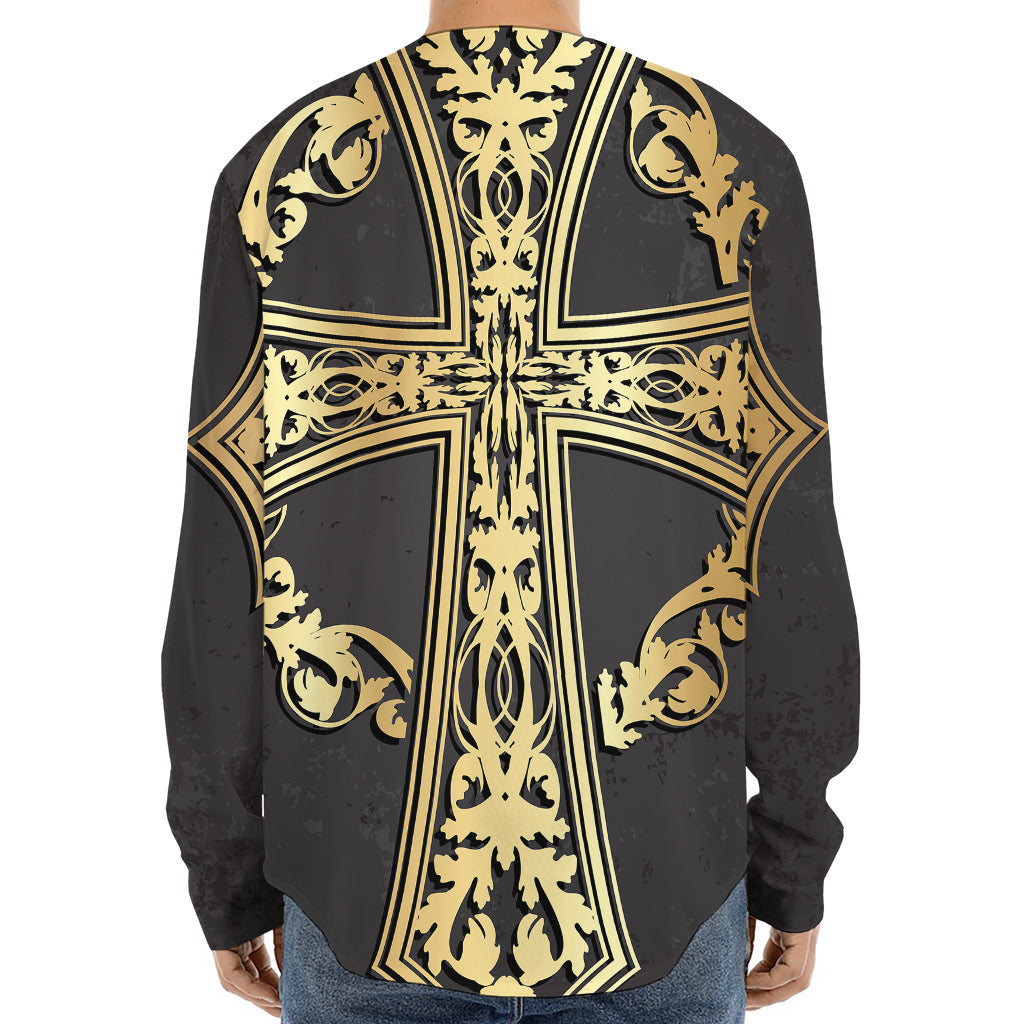 Ornamental Golden Cross Print Long Sleeve Baseball Jersey