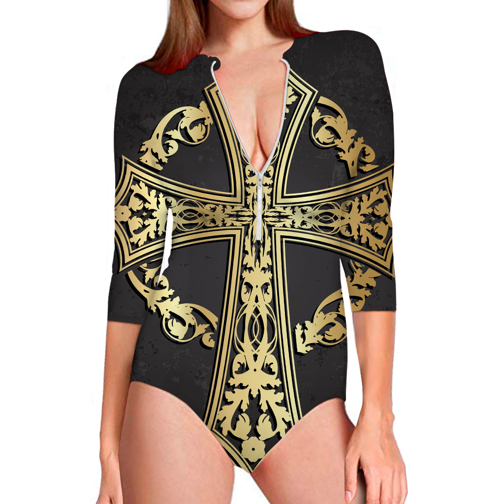 Ornamental Golden Cross Print Long Sleeve Swimsuit