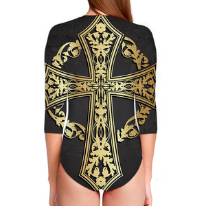 Ornamental Golden Cross Print Long Sleeve Swimsuit