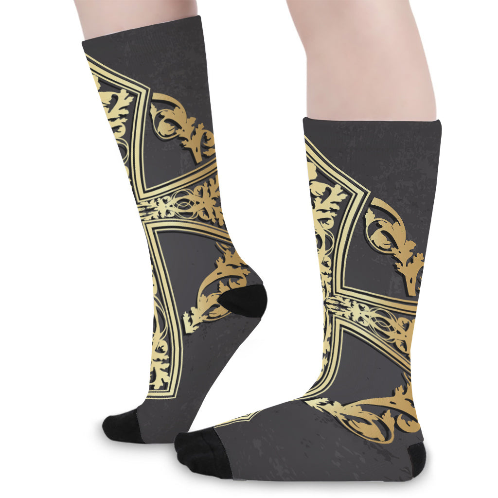 Ornamental Golden Cross Print Long Socks