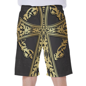 Ornamental Golden Cross Print Men's Beach Shorts