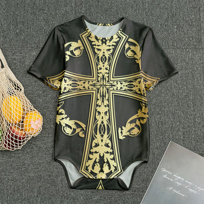 Ornamental Golden Cross Print Men's Bodysuit