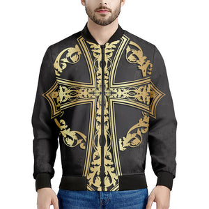 Ornamental Golden Cross Print Men's Bomber Jacket