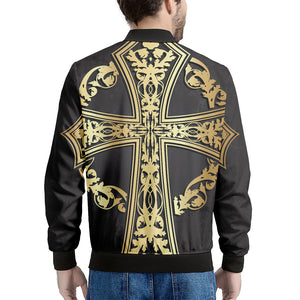 Ornamental Golden Cross Print Men's Bomber Jacket