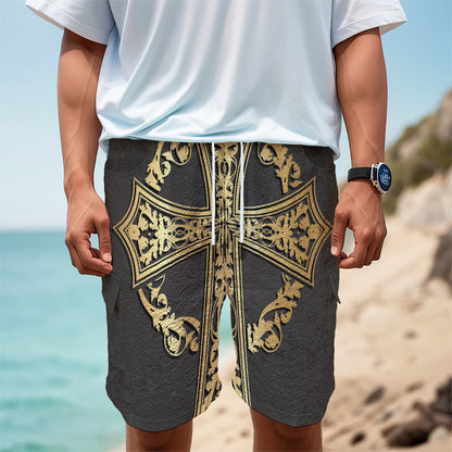 Ornamental Golden Cross Print Men's Cargo Shorts