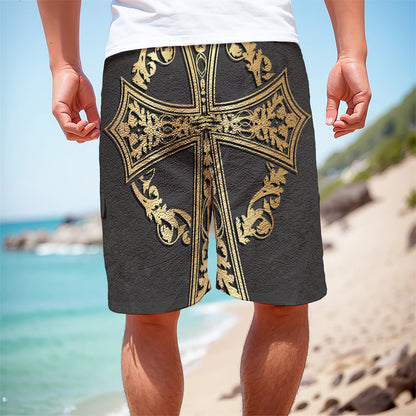 Ornamental Golden Cross Print Men's Cargo Shorts