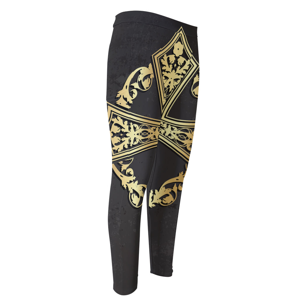 Ornamental Golden Cross Print Men's Compression Pants