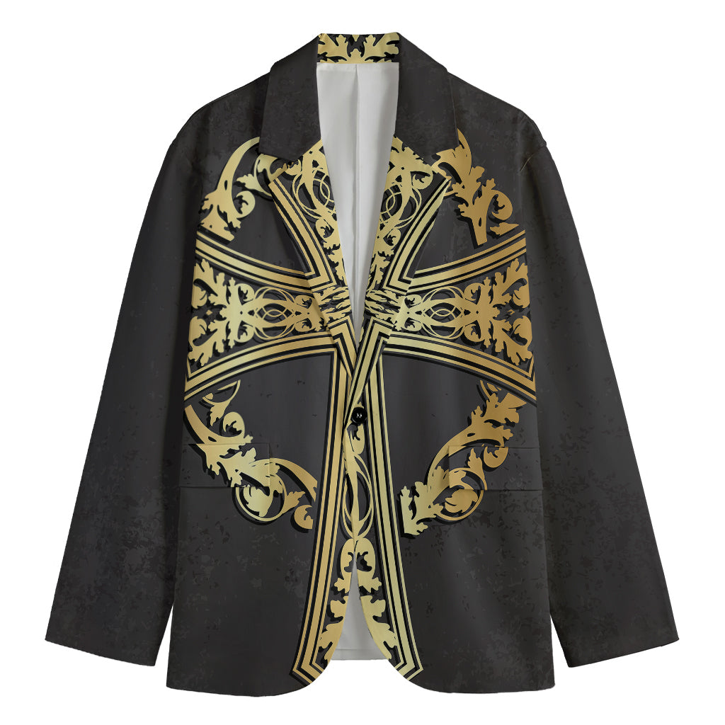 Ornamental Golden Cross Print Men's Cotton Blazer