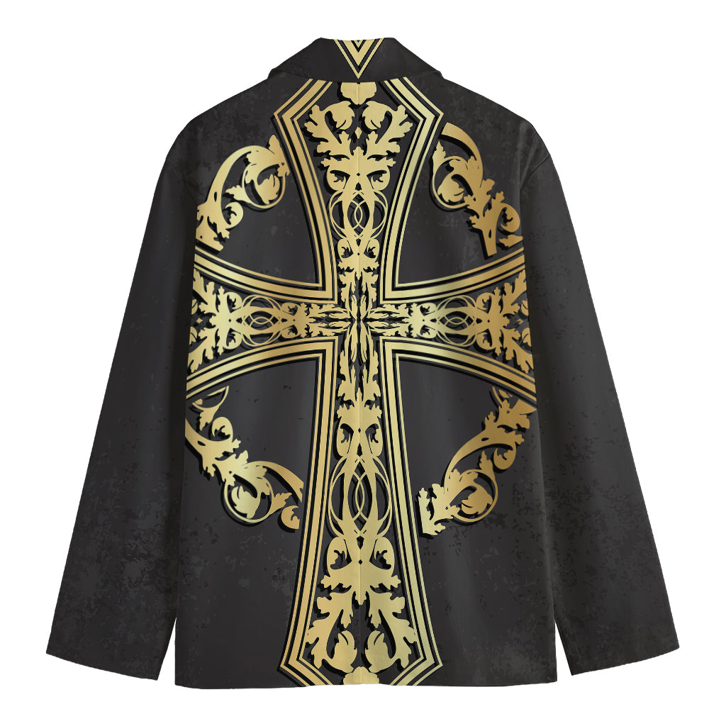 Ornamental Golden Cross Print Men's Cotton Blazer