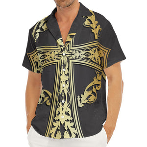 Ornamental Golden Cross Print Men's Deep V-Neck Shirt