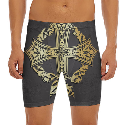 Ornamental Golden Cross Print Men's Long Boxer Briefs