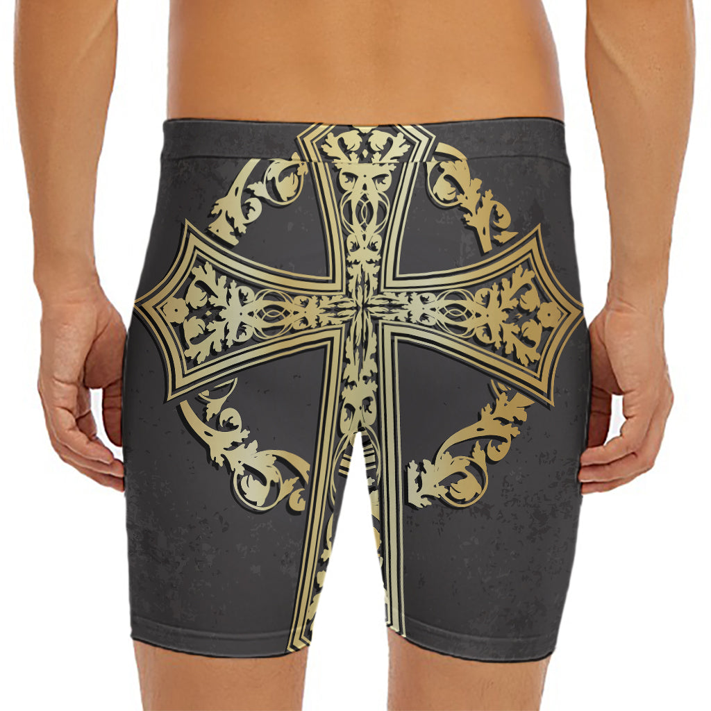 Ornamental Golden Cross Print Men's Long Boxer Briefs