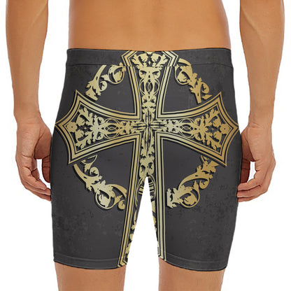 Ornamental Golden Cross Print Men's Long Boxer Briefs