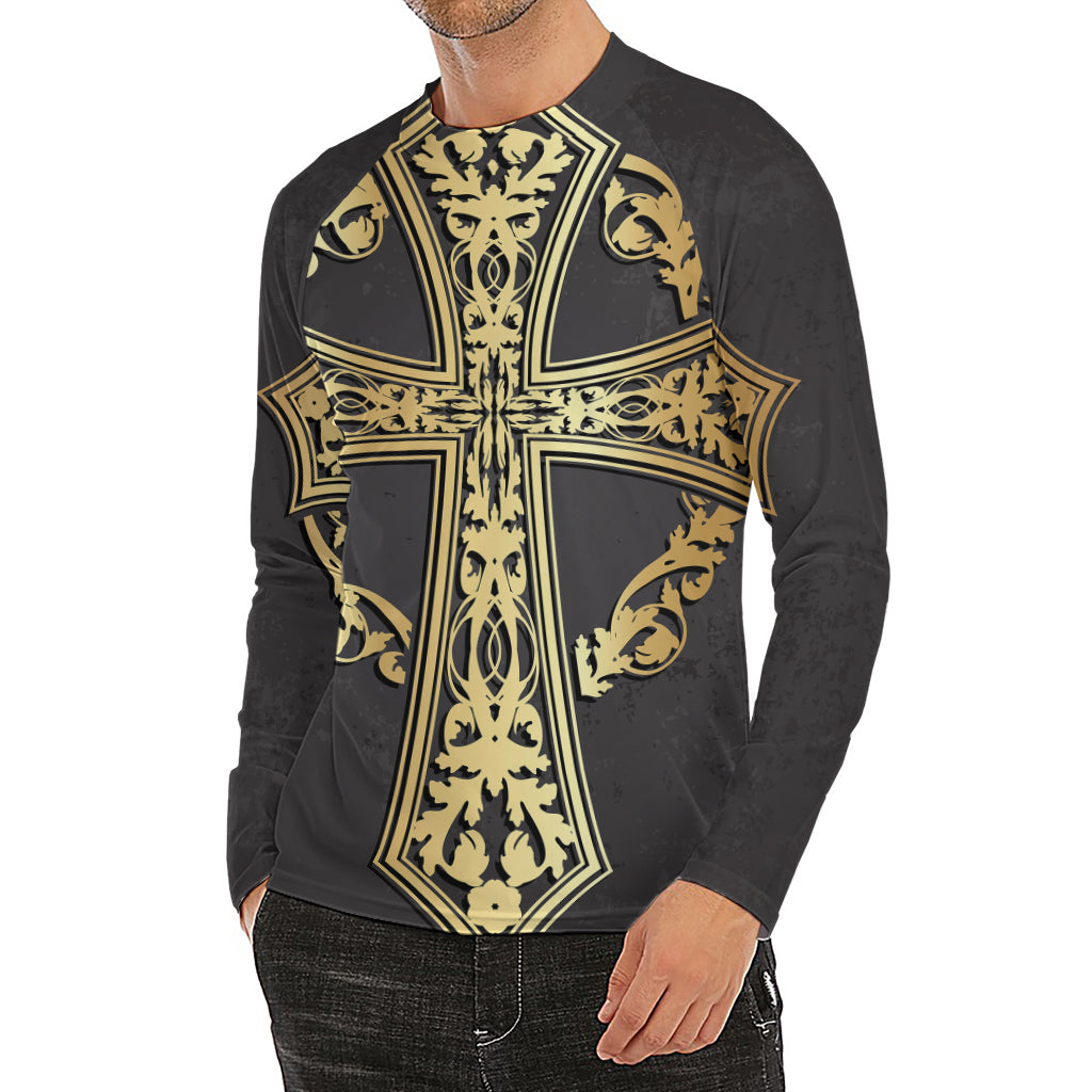Ornamental Golden Cross Print Men's Long Sleeve Rash Guard